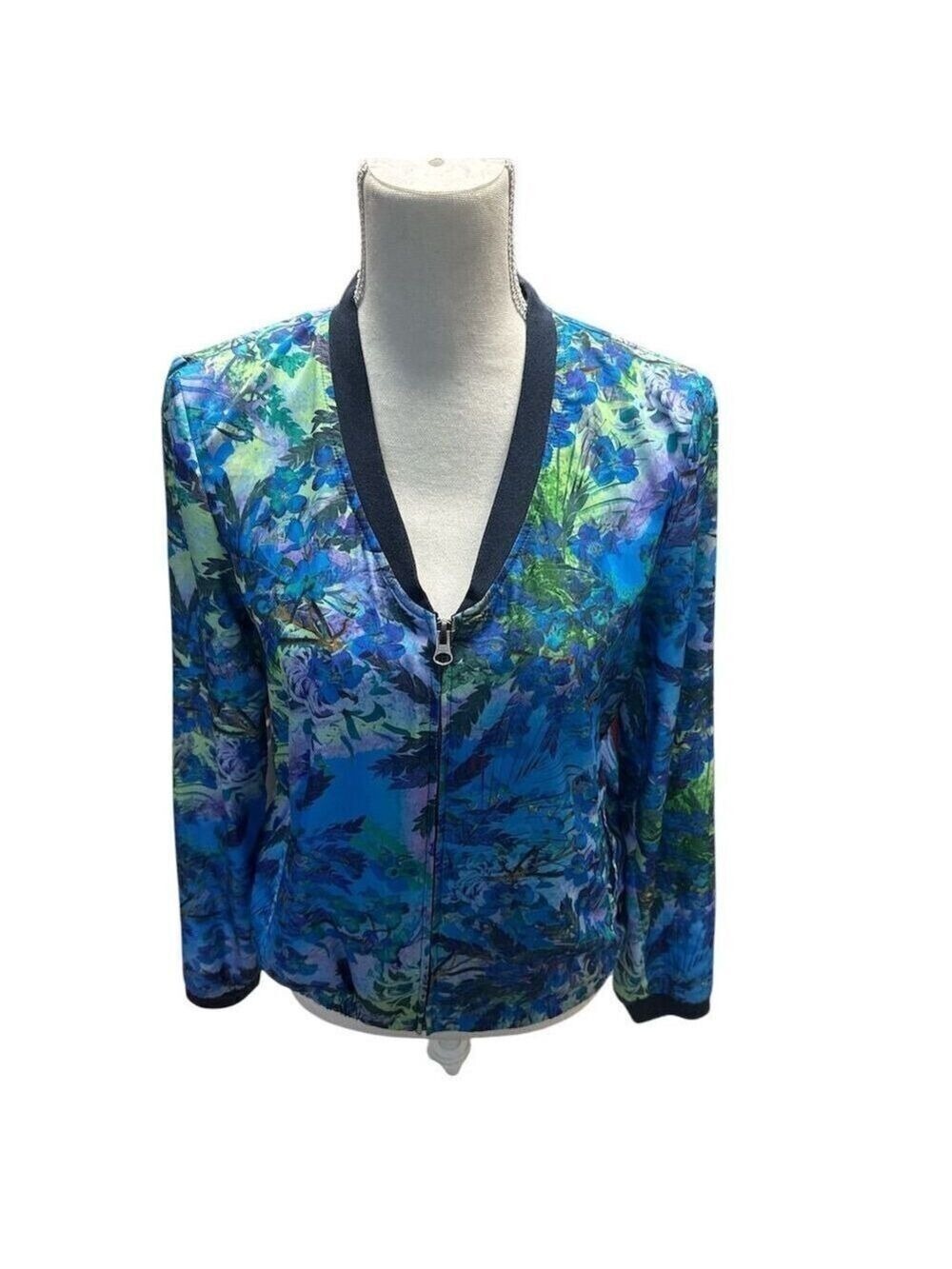 Hinge Women's Blue Floral Bomber Jacket Size S Long Sleeve Zip